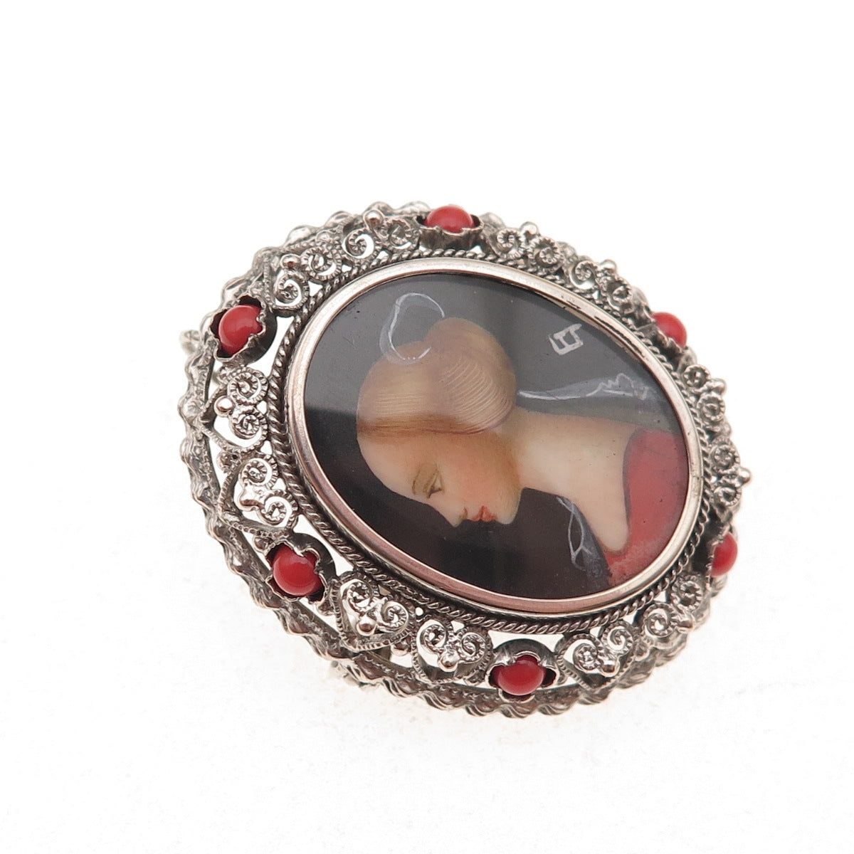 800 Silver Antique Real Coral Hand Painted Cameo Portrait Pin Brooch / Pendant