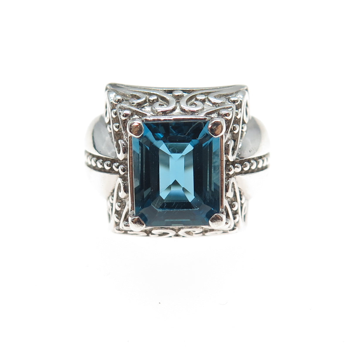 925 Sterling Silver Vintage Real Emerald-Cut Swiss Blue Topaz Ring Size 6.25