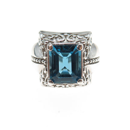 925 Sterling Silver Vintage Real Emerald-Cut Swiss Blue Topaz Ring Size 6.25