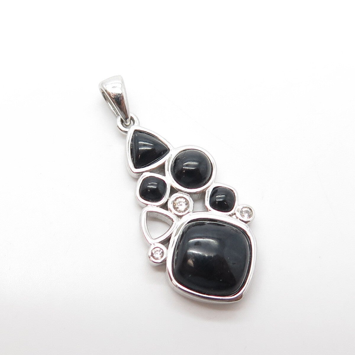 925 Sterling Silver Real Black Onyx & White Topaz Cluster Pendant