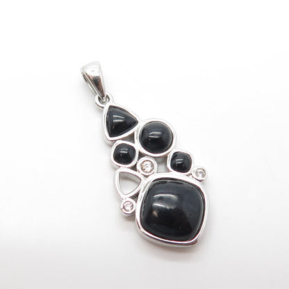 925 Sterling Silver Real Black Onyx & White Topaz Cluster Pendant