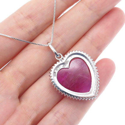 925 Sterling Silver Real Round-Cut Diamond & Ruby Heart Box Chain Necklace 18"
