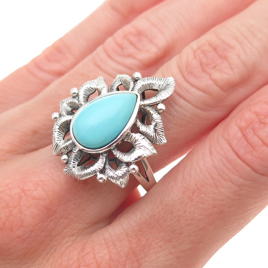 925 Sterling Silver Real Tyrone Turquoise Floral Oxidized Ring Size 8