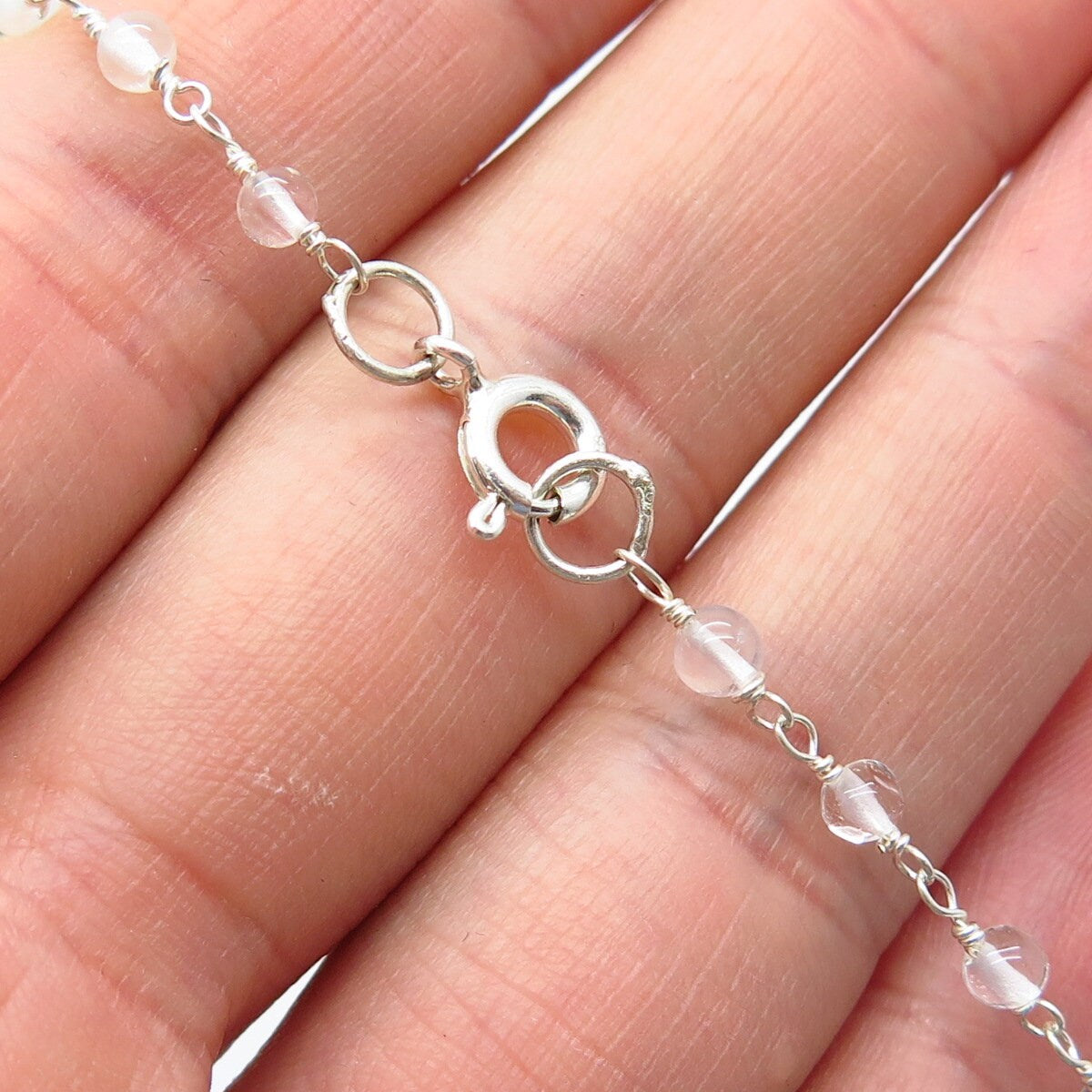 925 Sterling Silver Vintage Red Garnet & Clear Quartz Ball Chain Necklace 16"