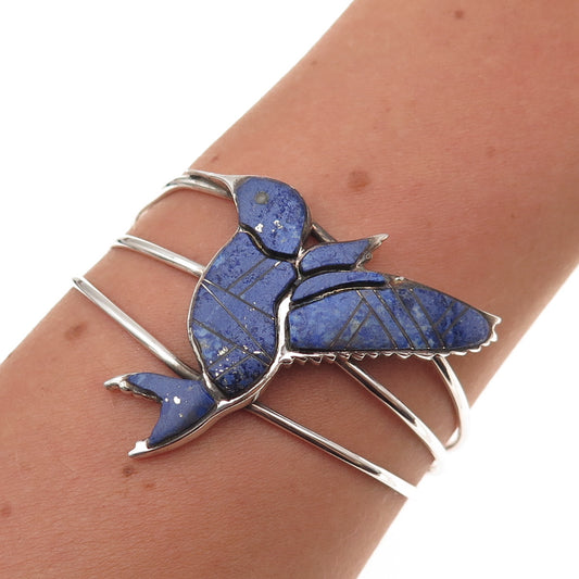 Calvin Peterson Navajo Old Pawn Sterling Silver Lapis Hummingbird Bracelet 6.25"
