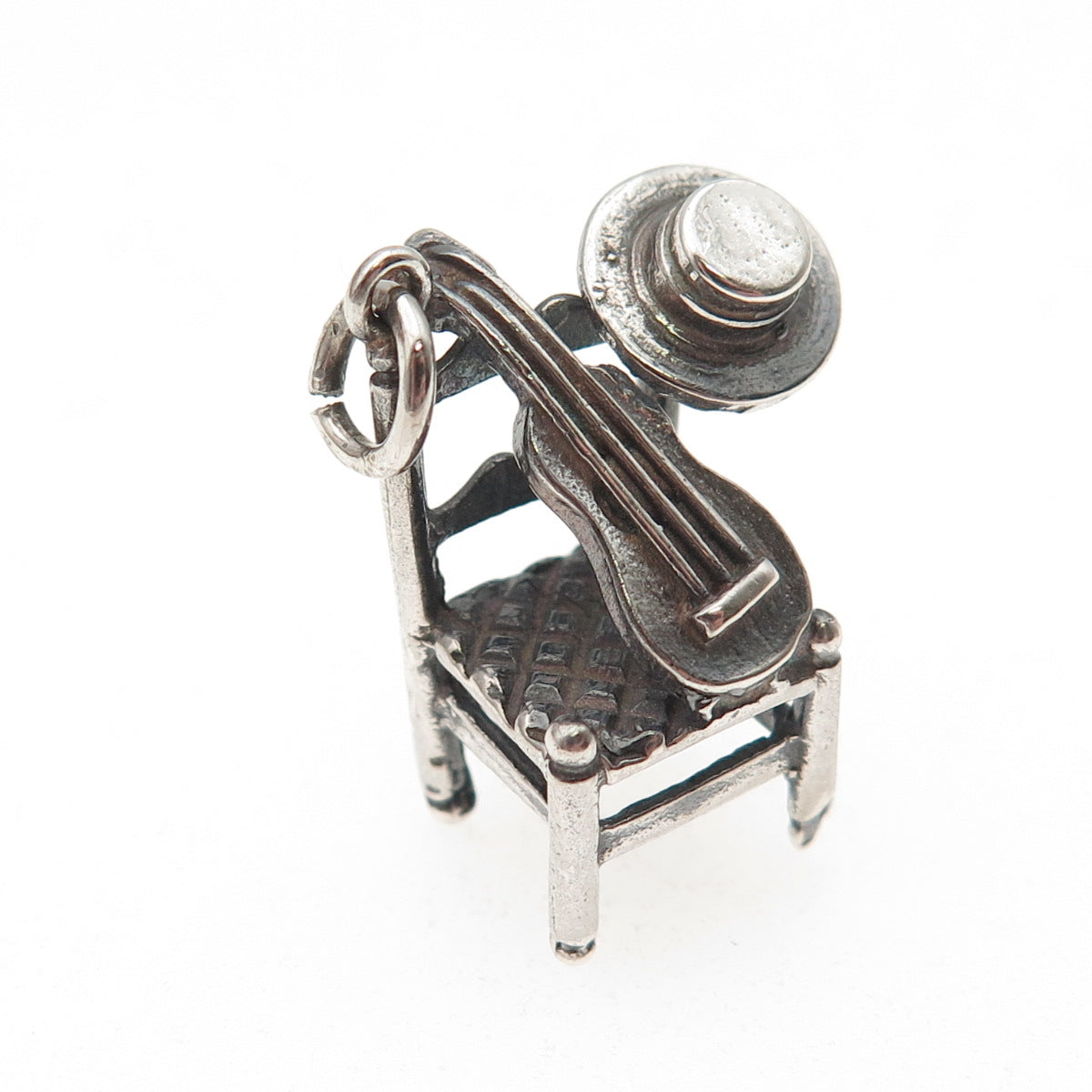 925 Sterling Silver Vintage Spanish Chair w/ Guitar & Hat 3D Mini Charm Pendant