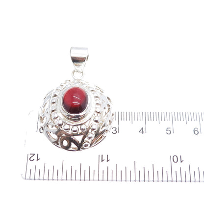 925 Sterling Silver Vintage Real Oval-Cut Red Garnet Beaded Charm Pendant