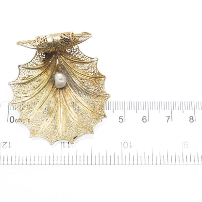 925 Sterling Gold Plated Vintage GV Portugal Real Pearl Filigree Shell Brooch
