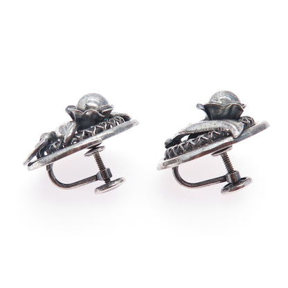 DANECRAFT 925 Sterling Silver Vintage Flower Oxidized Screw Back Earrings