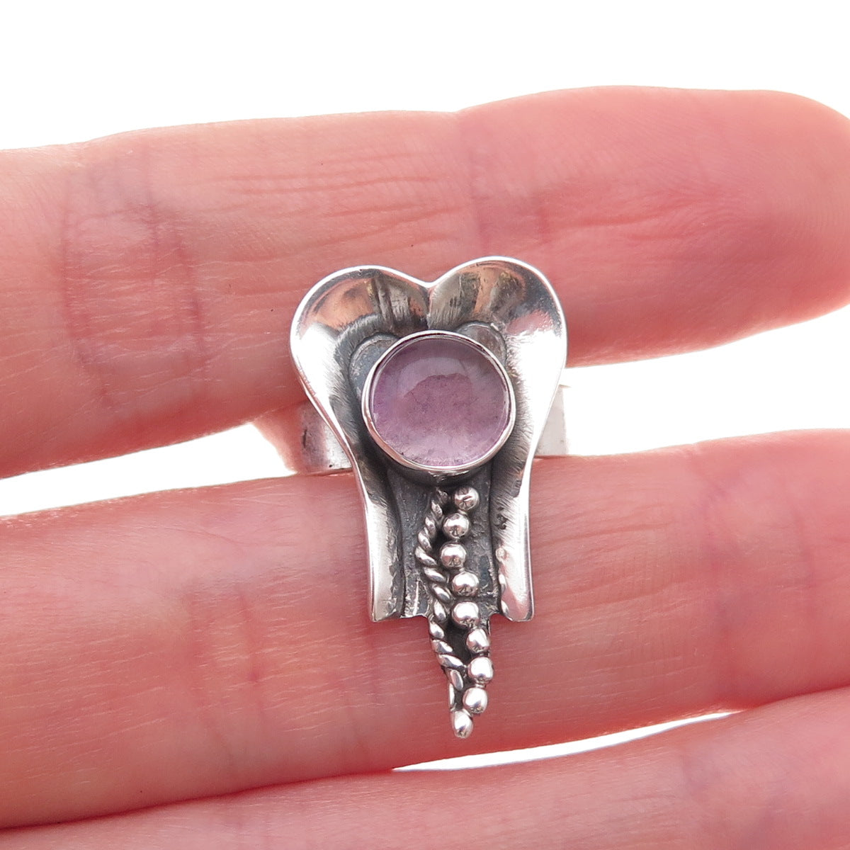 925 Sterling Silver Vintage Real Amethyst Modernist Oxidized Ring Size 8.5