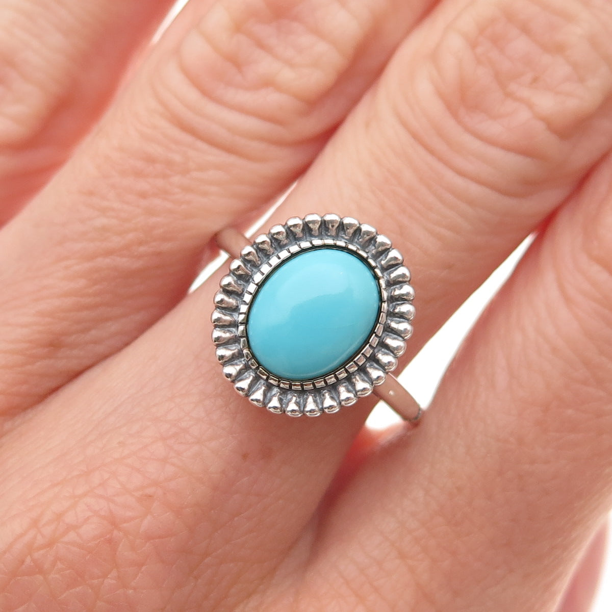 925 Sterling Silver Real Tyrone Turquoise Floral Oxidized Ring Size 8