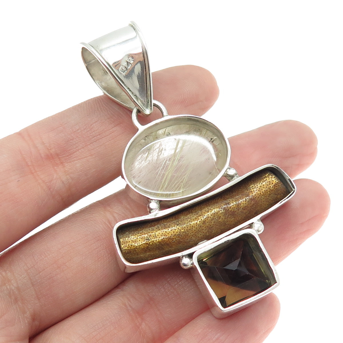 925 Sterling Silver Vintage Real Rutilated & Smoky Quartz Wood Amulet Pendant