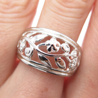 925 Sterling Silver Vintage Flower Scroll Ring Size 8