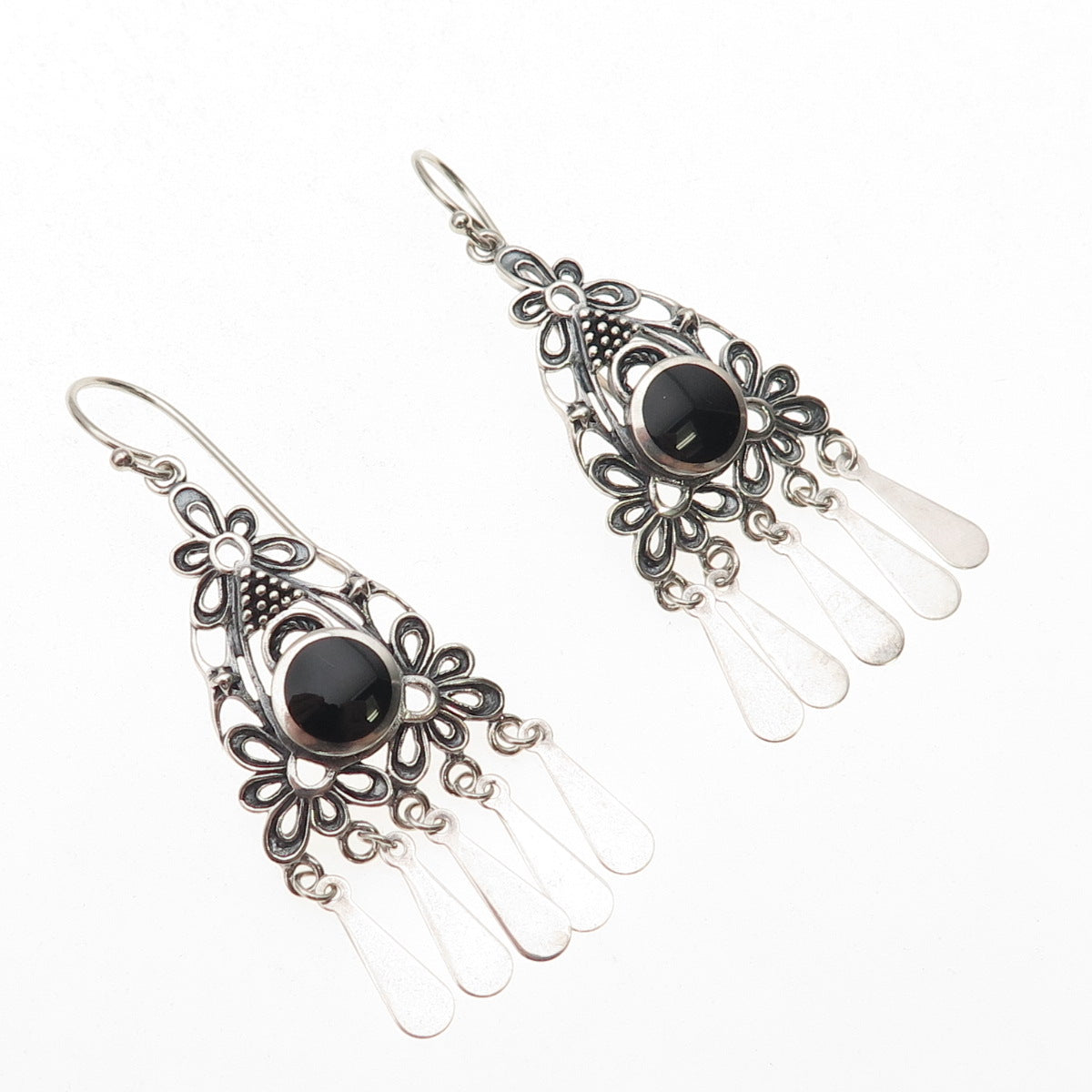 925 Sterling Silver Vintage Real Black Onyx Floral Oxidized Dangle Earrings