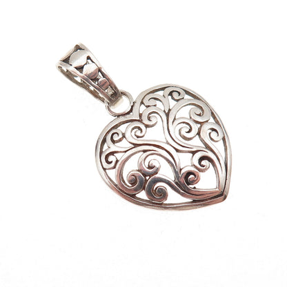 925 Sterling Silver Vintage Floral Scroll Heart Oxidized Charm Pendant