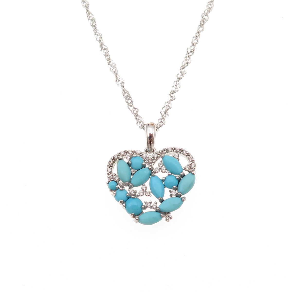 925 Sterling Silver Real Turquoise & White Topaz Heart Chain Necklace 16-18"