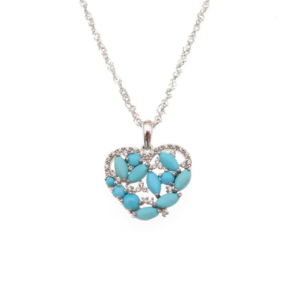 925 Sterling Silver Real Turquoise & White Topaz Heart Chain Necklace 16-18"