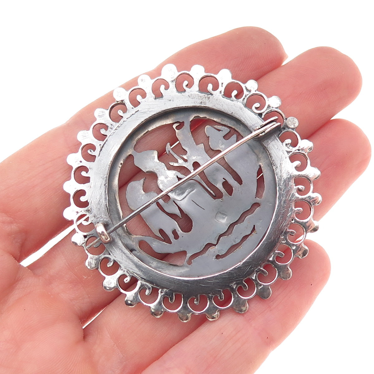 800 Silver Antique Art Deco Egyptian Gods Storyteller Oxidized Pin Brooch
