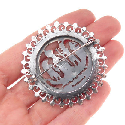800 Silver Antique Art Deco Egyptian Gods Storyteller Oxidized Pin Brooch