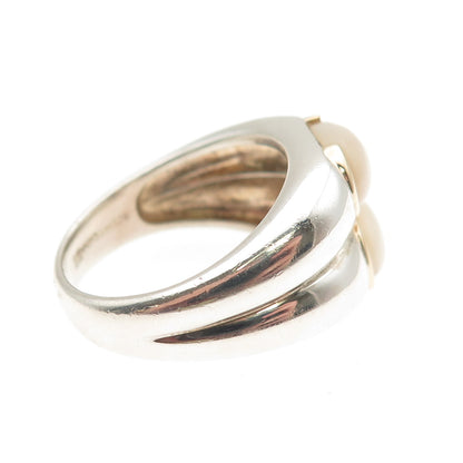 925 Sterling Silver 14K Gold Vintage Real Pearl Modernist 2-Row Ring Size 10.25