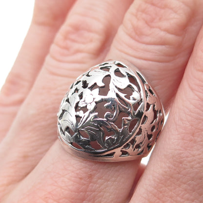 925 Sterling Silver Vintage Modernist Flower Dome Oxidized Ring Size 5.75