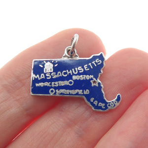 925 Sterling Silver Vintage Enamel "Massachusetts" State Map Charm Pendant