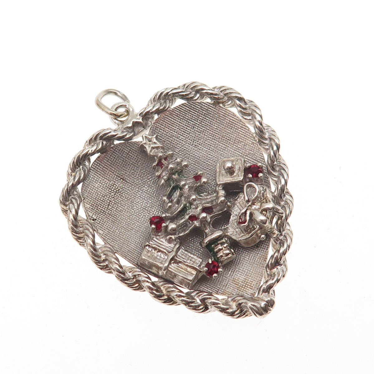 925 Sterling Silver Vintage Rhinestone Christmas Tree Heart Charm Pendant