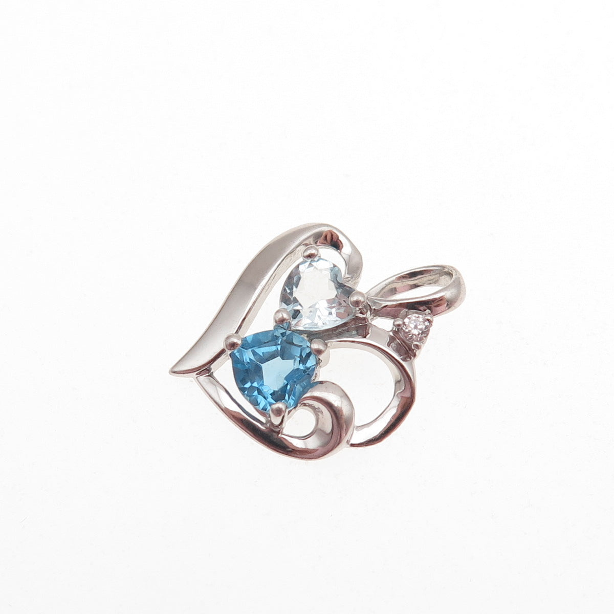 925 Sterling Silver Real Swiss Blue Topaz & C Z Heart Mini Charm Pendant