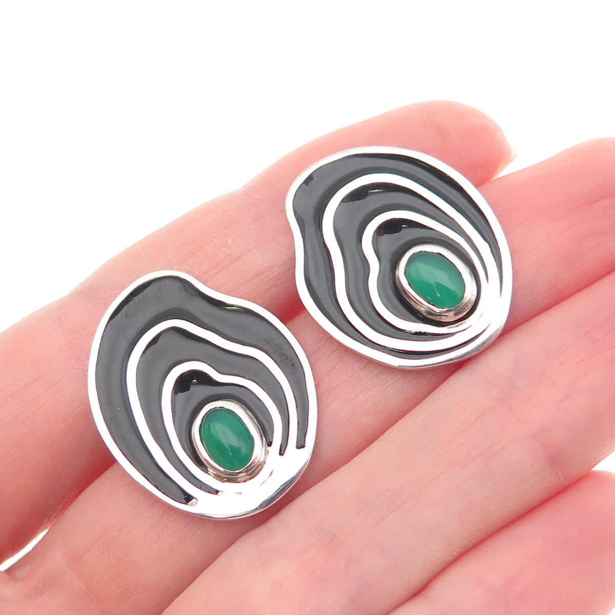 AF DESIGN 925 Sterling 14K Gold Posts Vintage Enamel Green Chalcedony Earrings