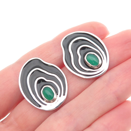 AF DESIGN 925 Sterling 14K Gold Posts Vintage Enamel Green Chalcedony Earrings