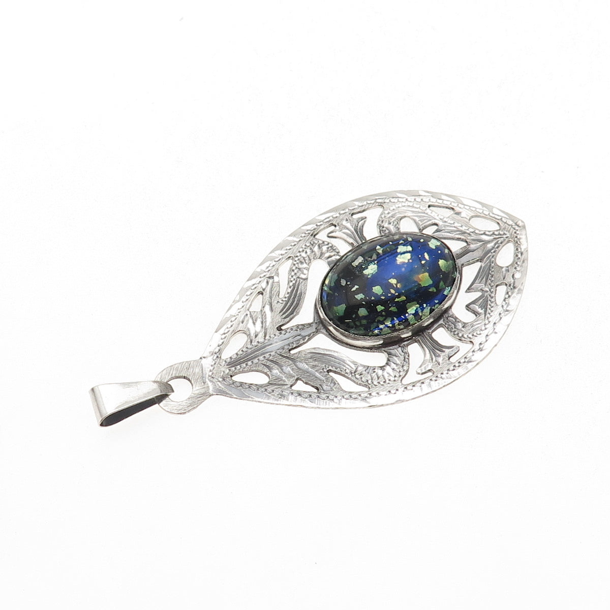 925 Sterling Silver Vintage Mexico Dichroic Glass Floral Oxidized Pendant