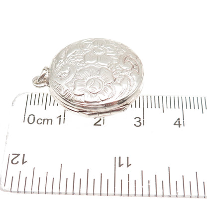 925 Sterling Silver Vintage Floral Repousse Round Locket Charm Pendant
