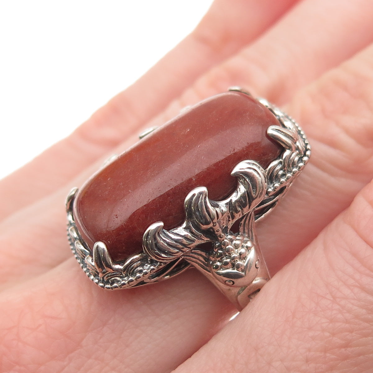 JOY 925 Sterling Silver Vintage Real Red Aventurine Fish Oxidized Ring Size 8.25