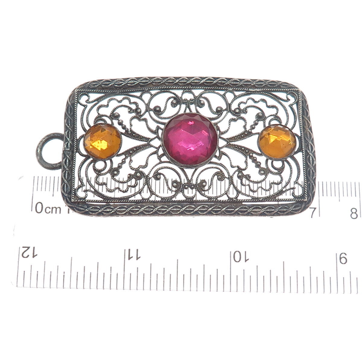 800 Silver Antique France Canary & Pink Rhinestone Filigree Oxidized Pendant