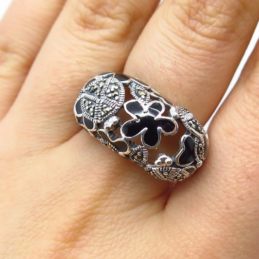 925 Sterling Silver Vintage Real Marcasite Gem & Enamel Floral Ring Size 6.75
