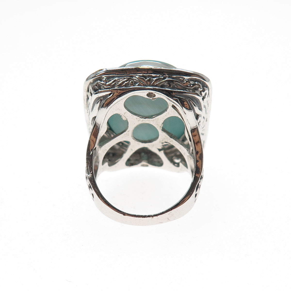 925 Sterling Silver 2-Tone Vintage Real Tyrone Turquoise Hammered Ring Size 6