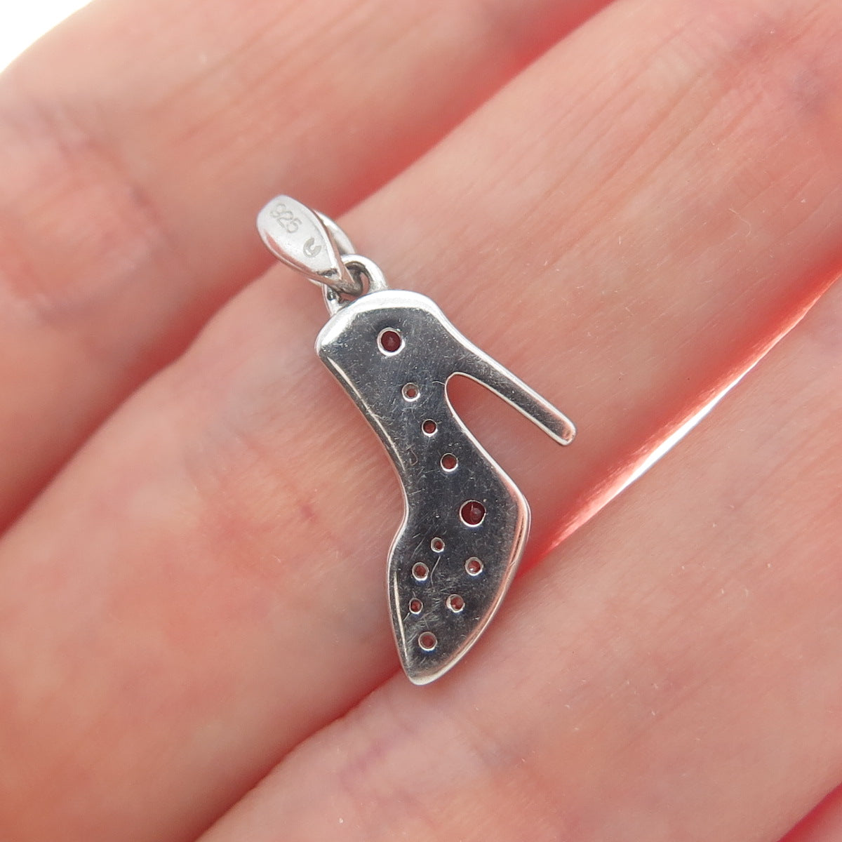 925 Sterling Silver Real Round-Cut Red Garnet & C Z High Heel Shoe Mini Pendant