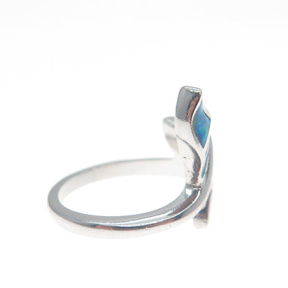 925 Sterling Silver Real Blue Opal Gemstone Whale's Tail Ring Size 6