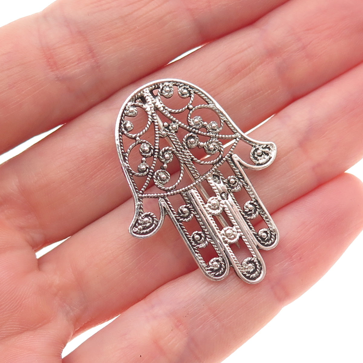 800 Silver Antique Art Deco France Hamsa Filigree Oxidized Pin Brooch