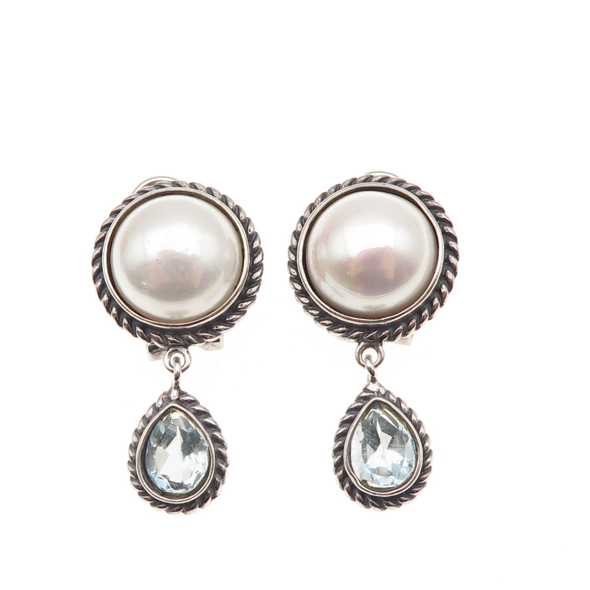 FD Felicia 925 Sterling Vintage Real Blue Topaz & Faux Pearl Omega Back Earrings