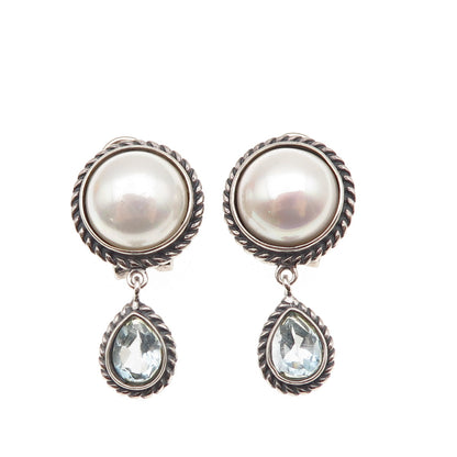 FD Felicia 925 Sterling Vintage Real Blue Topaz & Faux Pearl Omega Back Earrings