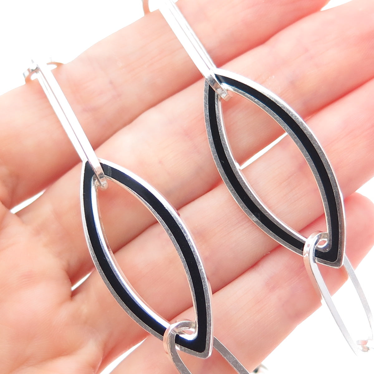 925 Sterling Vintage Italy Black Onyx Modernist Paperclip Chain Necklace 24"