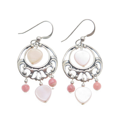 SHUBE 925 Sterling Silver Vintage Real MOP & Rhodochrosite Dangle Earrings