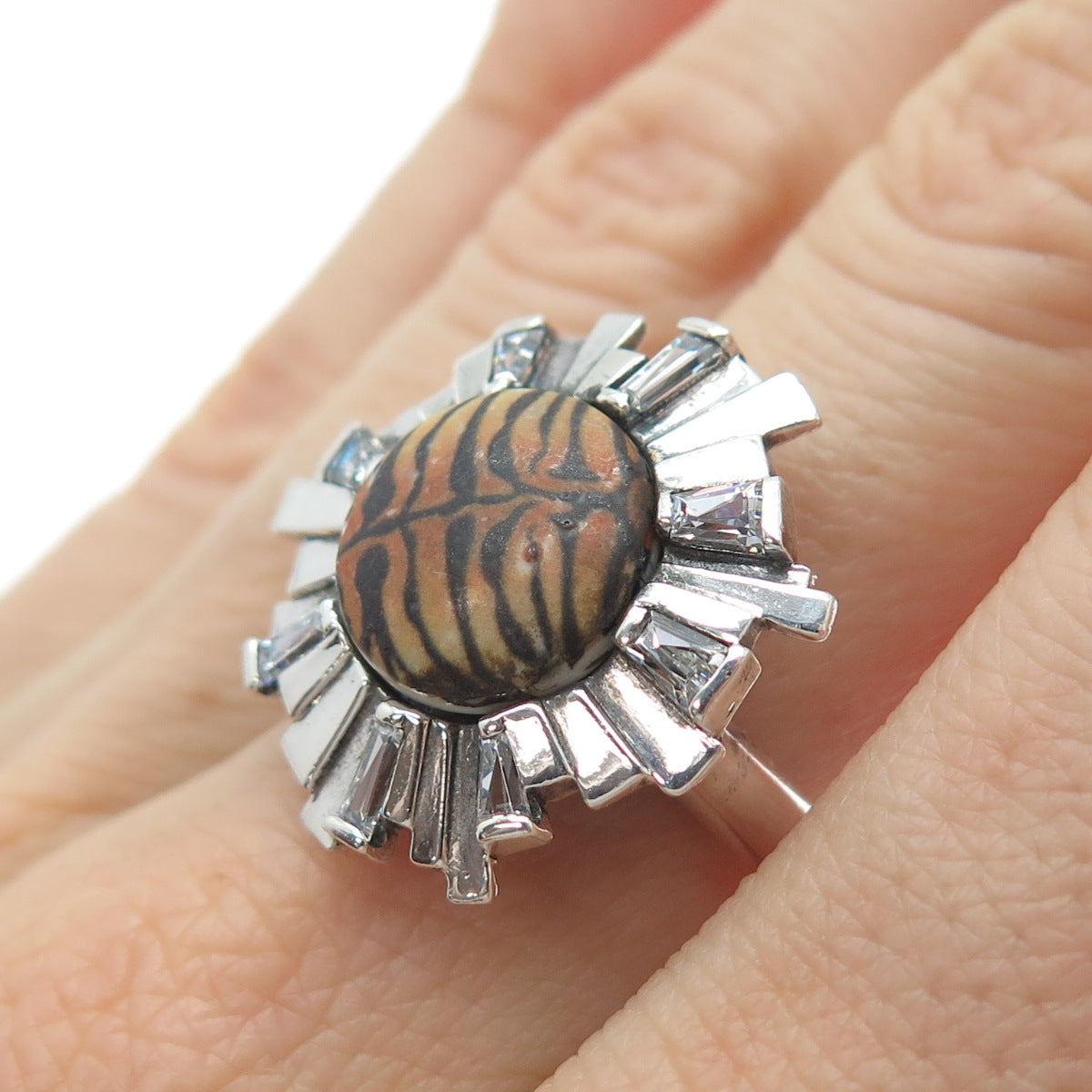 KAMELEON 925 Sterling Silver Vintage C Z & Tiger Pattern Flower Ring Size 7.25