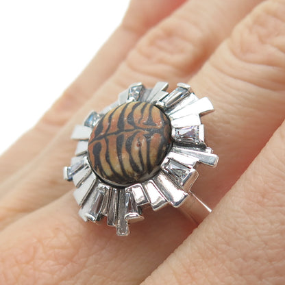 KAMELEON 925 Sterling Silver Vintage C Z & Tiger Pattern Flower Ring Size 7.25