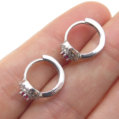 925 Sterling Silver Pink & White Round-Cut Shaped C Z Hoop Earrings