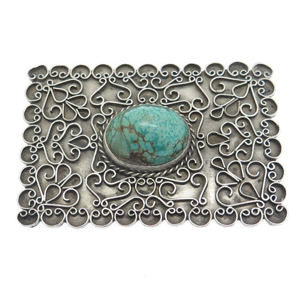 925 Sterling Silver Vintage Kingman Turquoise Gem Ornate Oxidized Pin Brooch