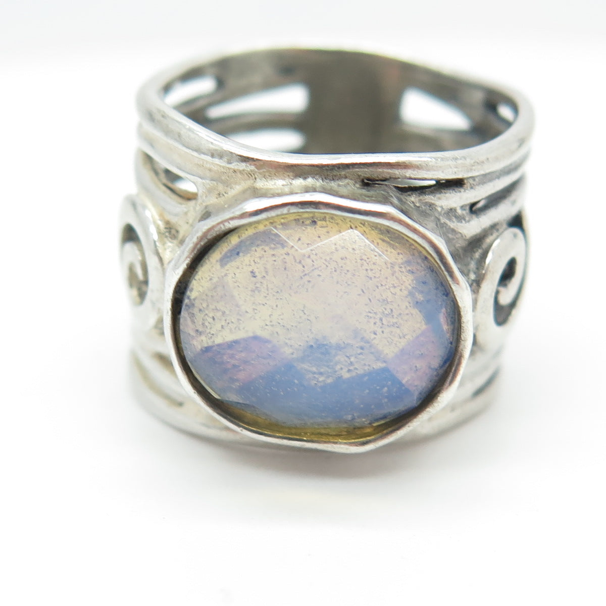 925 Sterling Silver Vintage Real Opalite Spiral Ring Size 6.5