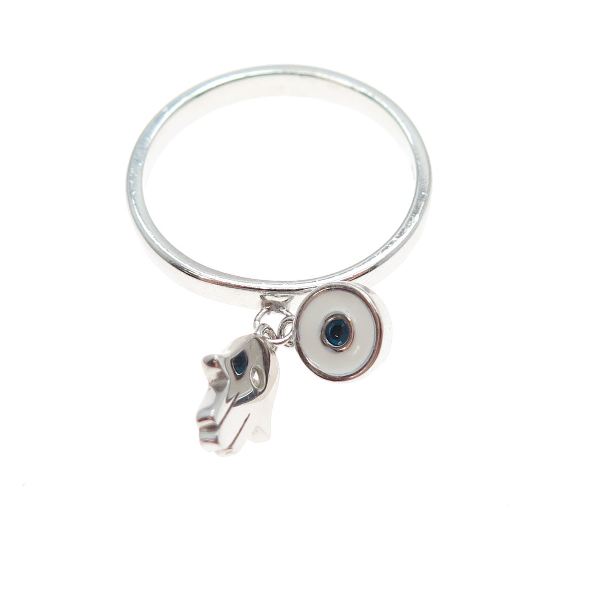 925 Sterling Silver Enamel C Z Hamsa & Evil's Eye Amulet Charm Ring Size 9.25
