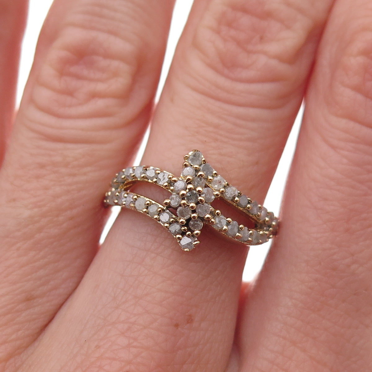 925 Sterling Silver Gold Plated Real Round-Cut Diamond Bypass Ring Size 6.25